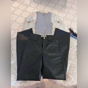 Stylish Black Leather Pants and sparkly grey top